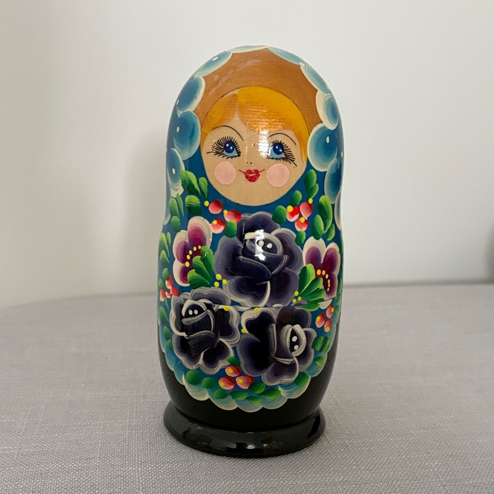 Hand-Painted Blue & Black Floral Matryoshka Doll - Traditional Home Art